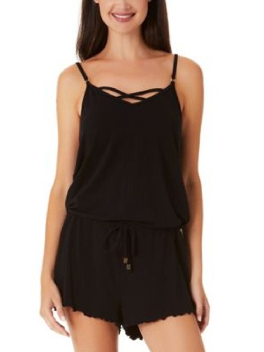 🙌California Waves Black Crisscross Cami Romper - Scallop Hem